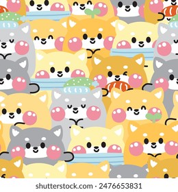 Repeat.Seamless pattern of cute shiba inu dog round shape various feeling background.Japanese pet animal character cartoon.Image for card,t shirt print screen,baby clothing.Kawaii.Vector.Illustration