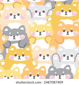 Wiederholen.Nahtloses Muster des niedlichen Shiba inu Hund in verschiedenen Posen Hintergrund.Japanisches Tier Charakter Cartoon Design.Bild für Karte,Aufkleber,Papiernote,Baby-Produkt.Kawaii.Vektorgrafik.Illustration.