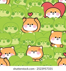 Repetir.Patrón sin fisuras de lindo perro shiba inu en varias poses línea dibujado a mano background.Emotional.Japanese mascota animal personaje de dibujos animados design.Kawaii.Vector.Illustration.