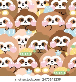 Repeat.Seamless pattern of cute sloth round shape pastel background.Various poses and feeling.Wild animal character cartoon design.Image for card,poster,baby clothing.Kawaii.Vector.Illustration