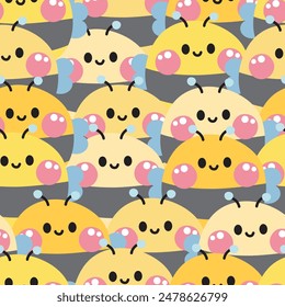 Repeat.Seamless pattern of cute smile bee round shape background.Insect animal character cartoon.Image for card,t shirt print screen,baby clothing.Kawaii.Vector.Illustration