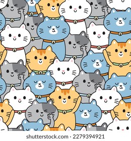 Repeat.Seamless pattern of cute smile face cat in various poses background.Pet animal character cartoon design.Baby clothing.Meow lover.Kawaii.Vector.Illustration.