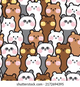 Repeat.Seamless pattern of cute teddy bear background.Animal character cartoon design.Image for card,poster,baby clothing.T-shirt.Kawaii.Vector.Illustration.