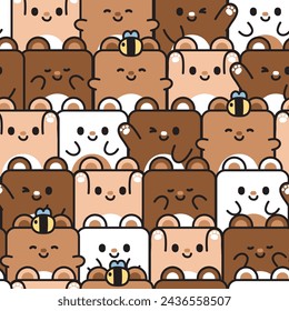 Repetir. Patrón sin fisuras de lindo osito de peluche varias poses en forma cuadrada de fondo. Bee. Diseño de dibujos animados de carácter animal salvaje. Imprimir pantalla.