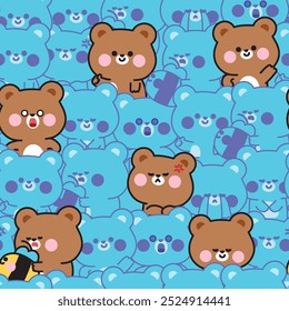 Repeat.Seamless pattern of cute teddy bear in various feeling line hand drawn blue background.Emotional.Bee.Wild animal character cartoon.Kawaii.Vector.Illustration.