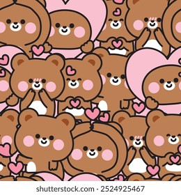 Repeat.Seamless pattern of cute teddy bear in love concept background.Heart.Valentines.Wild animal character cartoon design.Image for card,sticker,decoration.Baby graphic.Kawaii.Vector.Illustration.