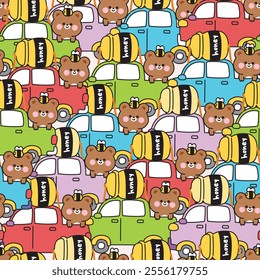 Repeat.Seamless pattern of cute teddy bear stay on pickup truck car with honey jar and bee background.Traffic.Vehicle.Wild animal character cartoon hand drawn design.Kawaii.Vector.Illustration.