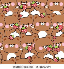 Repeat.Seamless pattern of cute teddy bear with strawberry fruit in various poses background.Wild animal character cartoon.Image for card,sticker,baby clothing,print screen.Kawaii.Vector.Illustration.