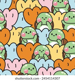 Repeat.Seamless pattern of cute turtle with big shell background.Marine animal character cartoon design.Summer.Ocean.Sea.Kawaii.Vecor.Illlustration
