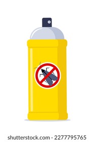 Repellentes Spray in der gelben Flasche. Schutz vor Motte und anderen Insekten. Aerosol zur Vorbeugung von Bissen. Schwarze Mottensilhouette kreuzte in rotem Kreis. Vektorgrafik