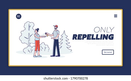 Repellents from biting insects landing page template with man spraying insect repellent on woman to protect from mosquito outdoors. Skin protection aerosol. Cartoon linear vector illustration