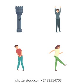 Repelling attack icons set cartoon vector. Character defends from attack. Aggression concept