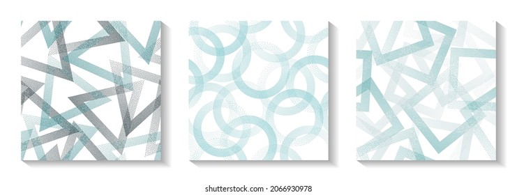 Patrones geométricos de repetición con formas de puntos. Círculos con textura de puntos, rhombus cuadrado de puntos, píxeles de semitono triángulos fondo colección vectorial abstracta. Impresiones de tejido.