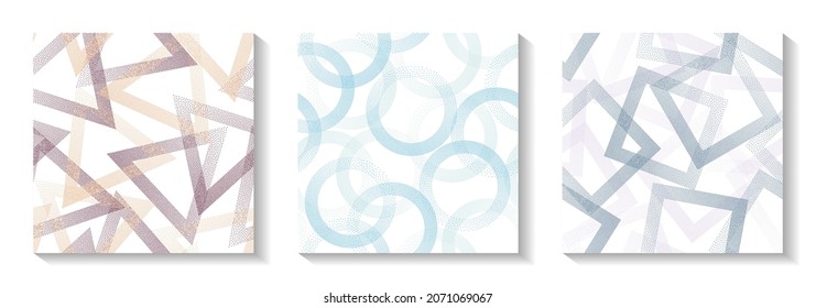 Repetiotion geometric patterns set with shapes of dots. Circles with dots texture, square rhombus of points, halftone pixels triangles backgrounds modern vector collection. Wallpaper ornaments.