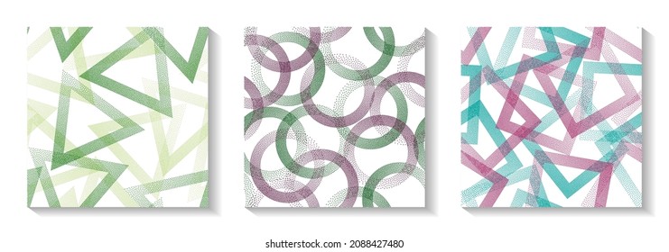 Repetiotion geometric patterns set with shapes of dots. Circles with dots texture, square rhombus of points, halftone pixels triangles backgrounds simple vector collection. Fabric prints.