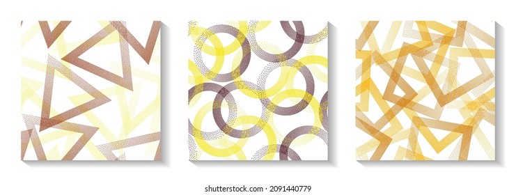 Repetiotion geometric patterns set with shapes of dots. Round rings with dots texture, square rhombus of points, halftone pixels triangles backgrounds minimal vector collection. Fashion ornaments.