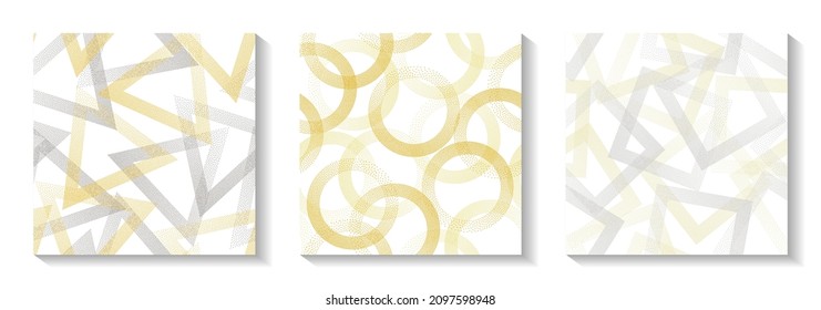 Repetiotion geometric patterns set with shapes of dots. Circle rings with dots texture, square of points, halftone pixels triangles backgrounds cute vector collection. Textile ornaments.