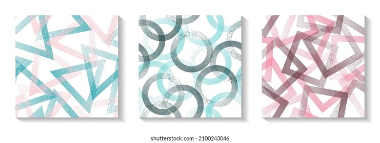 Geometrische Wiederholungsmuster, festgelegt mit Punktformen. Kreise mit Punktstruktur, quadratischer Punktbus, dreieckige Pixel Hintergründe moderner Vektorgrafik. Textilverzierungen.