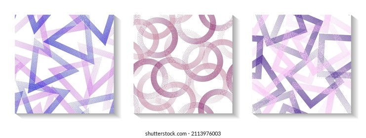 Repetiotion geometric patterns set with shapes of dots. Circle rings with dots texture, rhombus of points, halftone pixels triangles backgrounds decorative vector collection. Fashion ornaments.