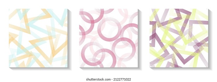 Repetiotion geometric patterns set with shapes of dots. Circle rings with dots texture, square of points, halftone pixels triangles backgrounds funky vector collection. Wallpaper ornaments.