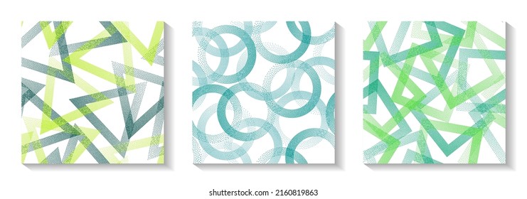 Repetiotion geometric patterns set with shapes of dots. Circle with dots texture, square rhombus of points, halftone pixels triangles backgrounds urban vector collection. Perforated ornaments.