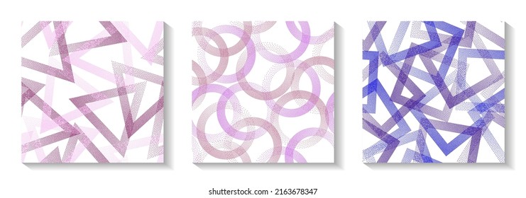 Repetiotion geometric patterns set with shapes of dots. Circle rings with dots texture, rhombus of points, halftone pixels triangles backgrounds funky vector collection. Wallpaper prints.
