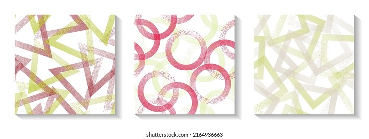 Repetiotion geometric patterns set with shapes of dots. Rings with dots texture, square of points, halftone pixels triangles backgrounds grunge vector collection. Wallpaper prints.
