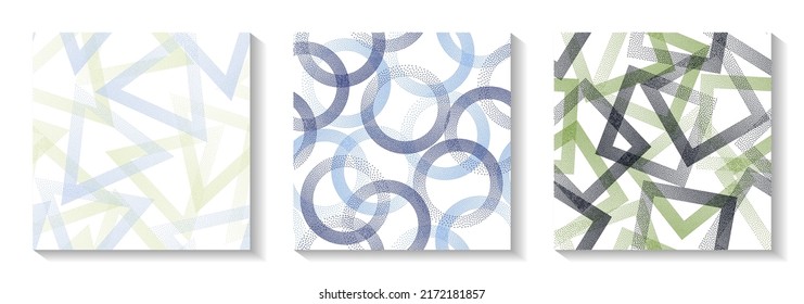 Repetiotion geometric patterns set with shapes of dots. Round rings with dots texture, square rhombus of points, halftone pixels triangles backgrounds stylish vector collection. Wrapping paper prints.