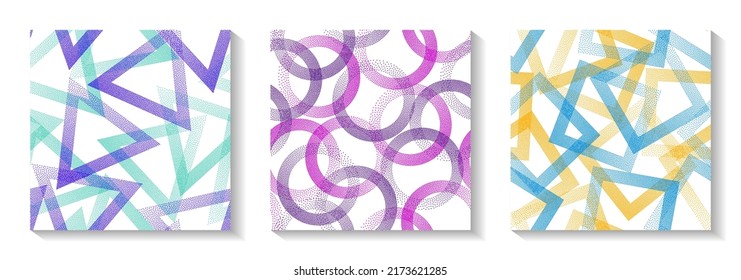 Repetiotion geometric patterns set with shapes of dots. Circle rings with dots texture, square of points, halftone pixels triangles backgrounds beautiful vector collection. Wallpaper ornaments.