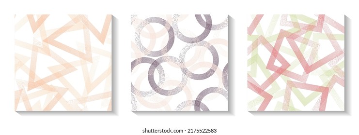 Repetiotion geometric patterns set with shapes of dots. Circle rings with dots texture, rhombus of points, halftone pixels triangles backgrounds funky vector collection. Wallpaper ornaments.