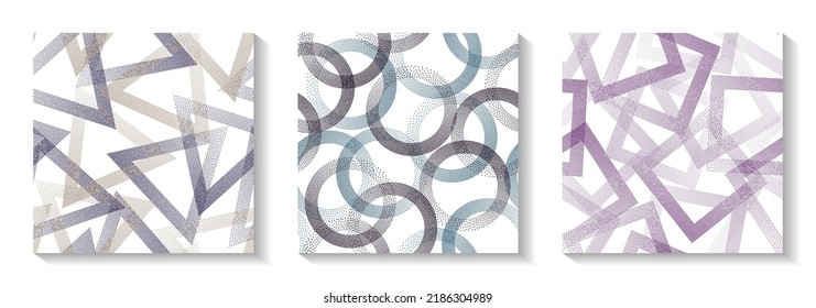 Repetiotion geometric patterns set with shapes of dots. Circle rings with dots texture, square of points, halftone pixels triangles backgrounds beautiful vector collection. Fabric prints.