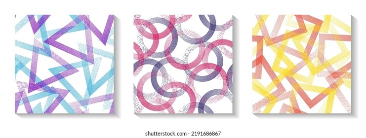 Patrones geométricos de repetición con formas de puntos. Anillos de círculo con textura de puntos, cuadrado de puntos, píxeles de semitonos triángulos fondos de fondo lindo colección vectorial. Ornamentos perforados.