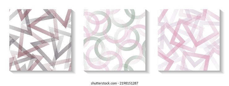 Repetiotion geometric patterns set with shapes of dots. Rings with dots texture, square of points, halftone pixels triangles backgrounds grunge vector collection. Fabric prints.