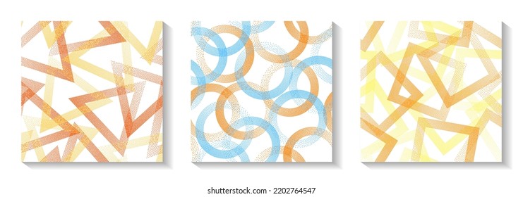 Patrones geométricos de repetición con formas de puntos. Círculos con textura de puntos, rhombus cuadrado de puntos, píxeles de semitono triángulos fondo colección de vectores hipster. Impresiones de fondo de escritorio.