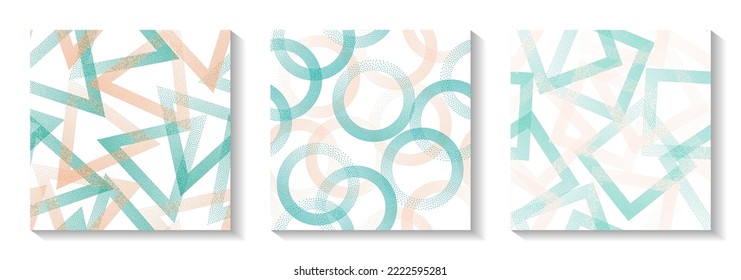Repetiotion geometric patterns set with shapes of dots. Circle rings with dots texture, square of points, halftone pixels triangles backgrounds beautiful vector collection. Wallpaper prints.