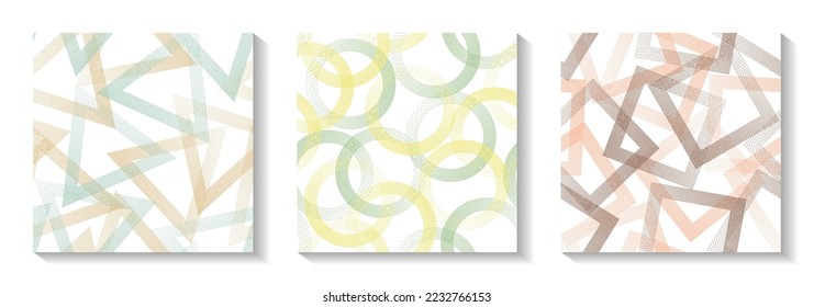 Repetiotion geometric patterns set with shapes of dots. Round rings with dots texture, square rhombus of points, halftone pixels triangles backgrounds minimal vector collection. Wrapping paper prints.