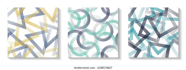 Patrones geométricos de repetición con formas de puntos. Anillos de círculo con textura de puntos, rhombus de puntos, píxeles de semitono triángulos fondo funky colección vectorial. Ornamentos de distorsión.