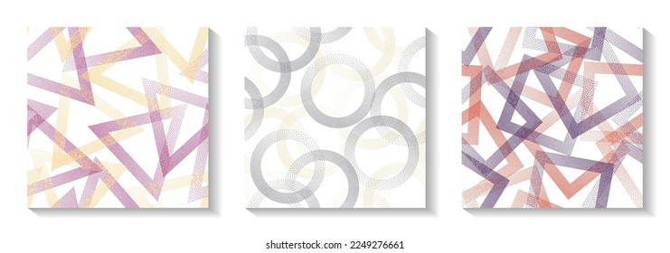 Patrones geométricos de repetición con formas de puntos. Anillos redondos con textura de puntos, rhombus cuadrado de puntos, píxeles de semitonos triángulos fondo de vectores mínimo colección vectorial. Impresiones de tejido.