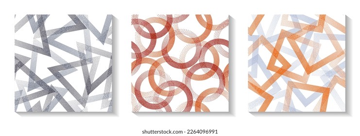 Repetiotion geometric patterns set with shapes of dots. Circles with dots texture, square rhombus of points, halftone pixels triangles backgrounds modern vector collection. Textile ornaments.