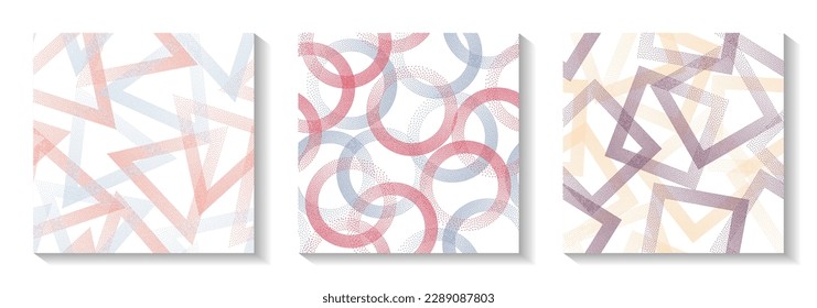Repetiotion geometric patterns set with shapes of dots. Circles with dots texture, square rhombus of points, halftone pixels triangles backgrounds dynamic vector collection. Fabric prints.