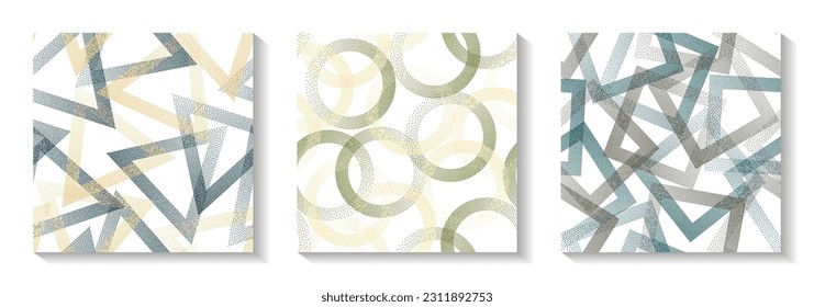 Repetiotion geometric patterns set with shapes of dots. Circle rings with dots texture, rhombus of points, halftone pixels triangles backgrounds ornate vector collection. Textile ornaments.