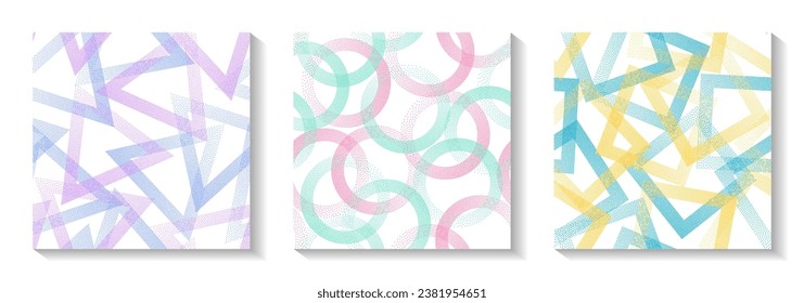 Patrones geométricos de repetición con formas de puntos. Anillos de círculo con textura de puntos, rhombus de puntos, píxeles de semitonos triángulos fondo ornamentar colección vectorial. Ornamentos de moda.