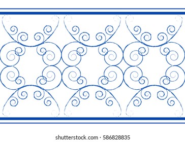 Repetition of Antique Traditional Chinese Pattern in Blue Color and Isolated White Background