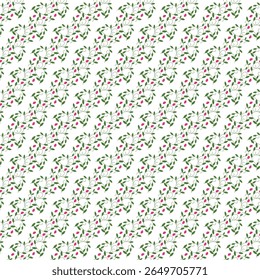 Uma repetição de um design botânico delicado com folhas verdes e botões florais cor-de-rosa, criando um padrão decorativo perfeito e elegante em um fundo branco adequado para vários projetos