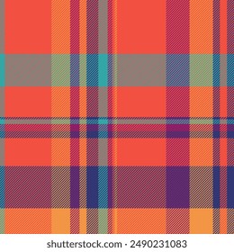 Repetition fabric pattern tartan, thread texture textile vector. Intense plaid check background seamless in red and blue colors palette.