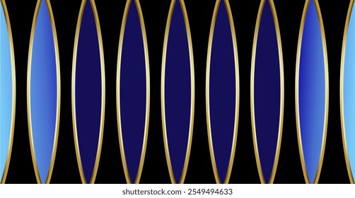 repetition of gold curved lines and abstract geometric fields in black on a blue gradient background