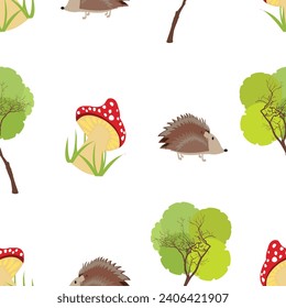 Repetition of mushroom hedgehog and tree seamless pattern; Repeating rows with colorful items