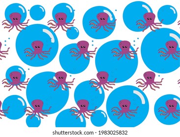 repetición de pequeñas pulpos violetas con tentáculos con fondo de burbujas de aire azul para niños o fiestas
