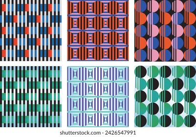 Repetitive abstract vector pattern design digital linear aesthetics colorful artwork vivid gradient patterns set geometric square circle stripe line pattern collection creative unique