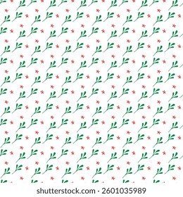 A repetitive and aesthetic pattern featuring small green leaves and red star shapes, set against a white background. Ideal for creating decorative textiles, wallpapers, or festive-themed print designs